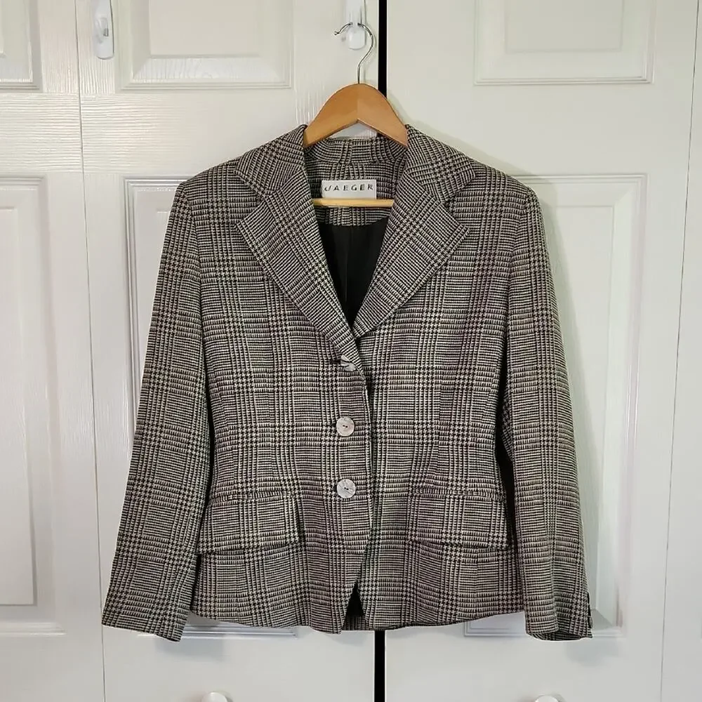 Vintage Jaeger‎ Womens Houndstooth Blazer Size SM Gray & White Single Breasted